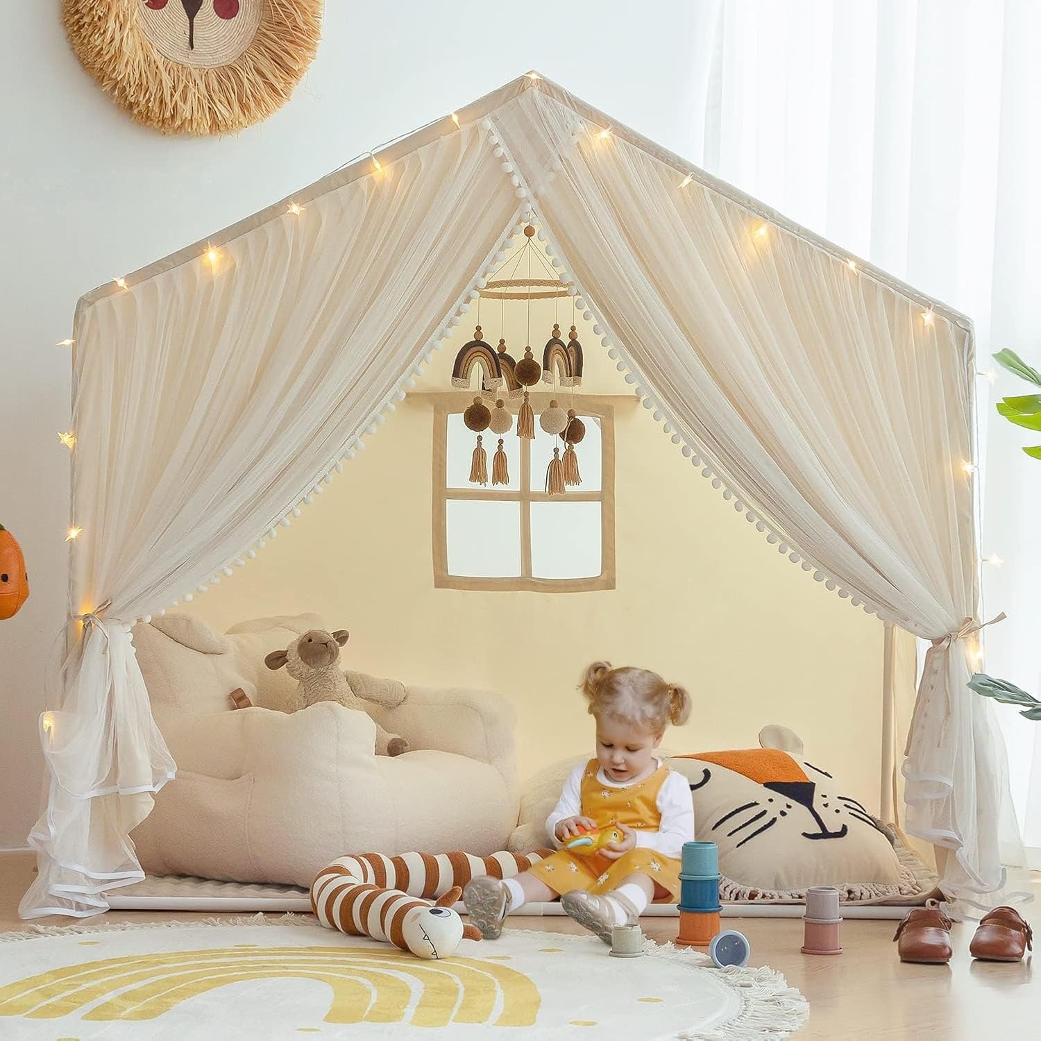 Large Play Tent with Washable Mat and Star Lights